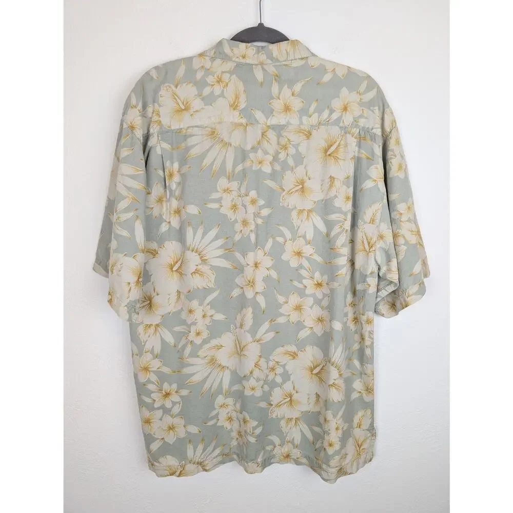 Tommy Bahama Hawaiian Shirt Camp Floral Silk Summer Vacation Green Yellow Size L - Picture 4 of 12